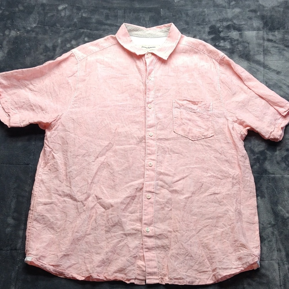 Tommy Bahama Mens XL Short Sleeve 100% Linen Button Down Shirt Pink Marlin